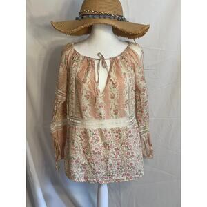Gorgeous Mase Long Sleeve Floral Peasant Top with Lace Inlays-French Size Large